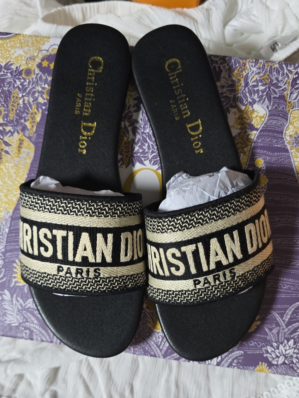 Dior Black and Cream Embroidered Logo Slide Sandals